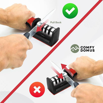 4-in-1 Knife & Scissor Sharpener – 3-Stage Manual System for Kitchen Knives, Chef & Serrated Blades – Non-Slip Base & Ergonomic Handle – Safe & Easy to Use