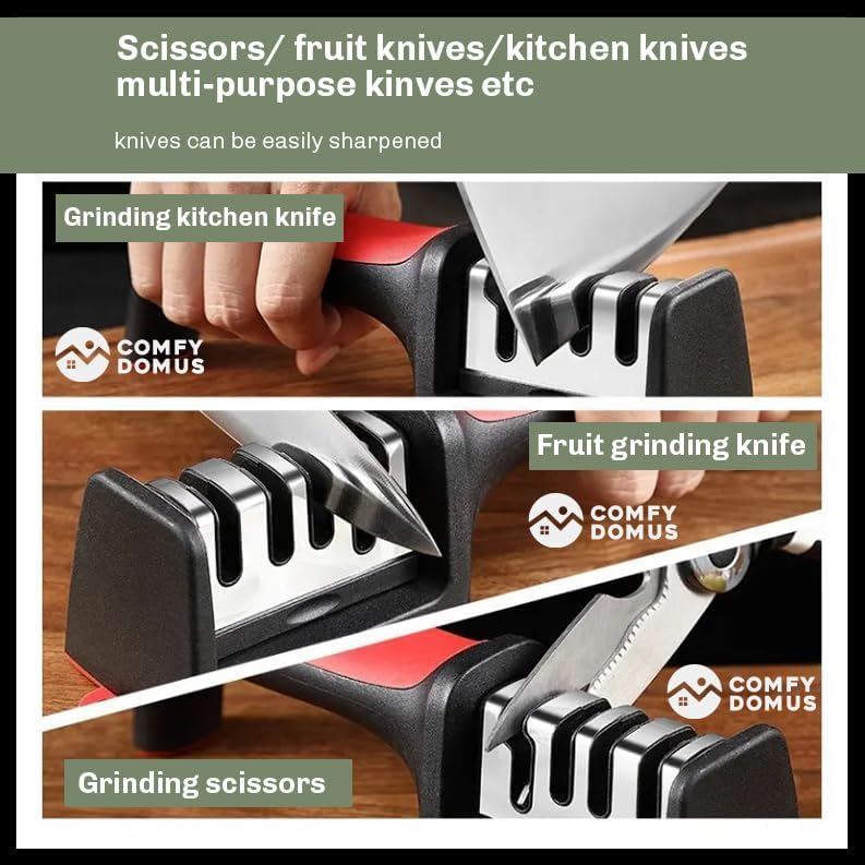 4-in-1 Knife & Scissor Sharpener – 3-Stage Manual System for Kitchen Knives, Chef & Serrated Blades – Non-Slip Base & Ergonomic Handle – Safe & Easy to Use