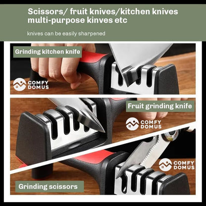 4-in-1 Knife & Scissor Sharpener – 3-Stage Manual System for Kitchen Knives, Chef & Serrated Blades – Non-Slip Base & Ergonomic Handle – Safe & Easy to Use