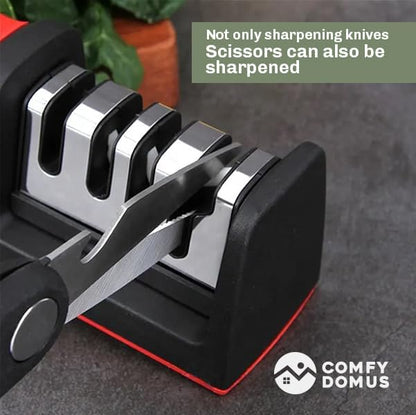 4-in-1 Knife & Scissor Sharpener – 3-Stage Manual System for Kitchen Knives, Chef & Serrated Blades – Non-Slip Base & Ergonomic Handle – Safe & Easy to Use