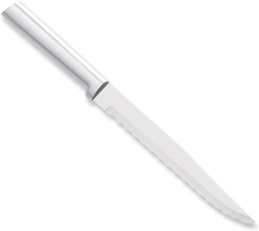 Serrated Slicer Knife (R138), Silver Handle | 7" Stainless Steel Serrated Blade, Silver Cast Aluminum Handle