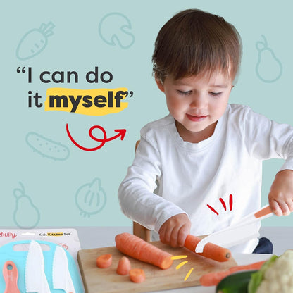 Kid Safe Plastic Knives for Real Cooking with Cutting Board, Peeler for Kitchen - Knife Set with Blunt Tip, Dishwasher Safe, BPA Free Kids Knives for Cutting