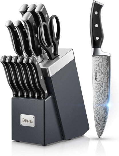 Knife Set, Kitchen Knife Set with Advanced Self-Sharpening Technology, 14 Piece Waved Texture Knife Set with Block, High Carbon Stainless Steel Knife Block Set, Razor-Sharp, Full Tang Handle