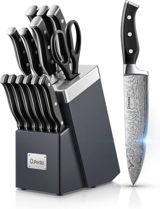 Knife Set, Kitchen Knife Set with Advanced Self-Sharpening Technology, 14 Piece Waved Texture Knife Set with Block, High Carbon Stainless Steel Knife Block Set, Razor-Sharp, Full Tang Handle