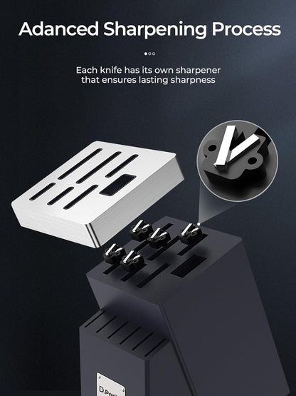 Knife Set, Kitchen Knife Set with Advanced Self-Sharpening Technology, 14 Piece Waved Texture Knife Set with Block, High Carbon Stainless Steel Knife Block Set, Razor-Sharp, Full Tang Handle
