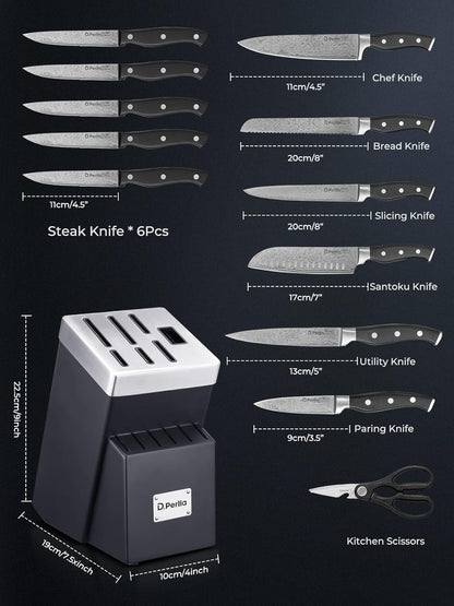 Knife Set, Kitchen Knife Set with Advanced Self-Sharpening Technology, 14 Piece Waved Texture Knife Set with Block, High Carbon Stainless Steel Knife Block Set, Razor-Sharp, Full Tang Handle