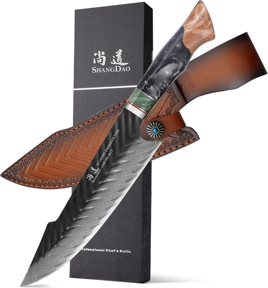 Damascus Chef Knife 8 Inch,67 Layers Alloy Steel Professional Kitchen Knives with Leather Sheath, Hand Forged Resin & Wood Handle QILIN Series