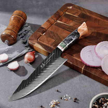 Damascus Chef Knife 8 Inch,67 Layers Alloy Steel Professional Kitchen Knives with Leather Sheath, Hand Forged Resin & Wood Handle QILIN Series