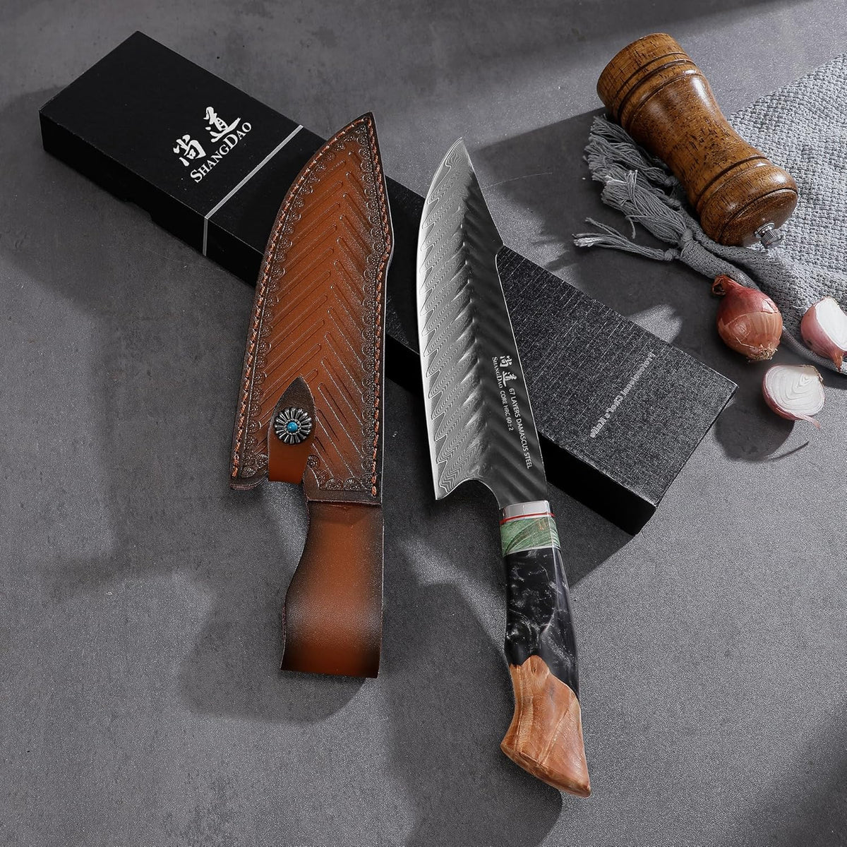 Damascus Chef Knife 8 Inch,67 Layers Alloy Steel Professional Kitchen Knives with Leather Sheath, Hand Forged Resin & Wood Handle QILIN Series
