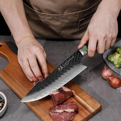 Damascus Chef Knife 8 Inch,67 Layers Alloy Steel Professional Kitchen Knives with Leather Sheath, Hand Forged Resin & Wood Handle QILIN Series