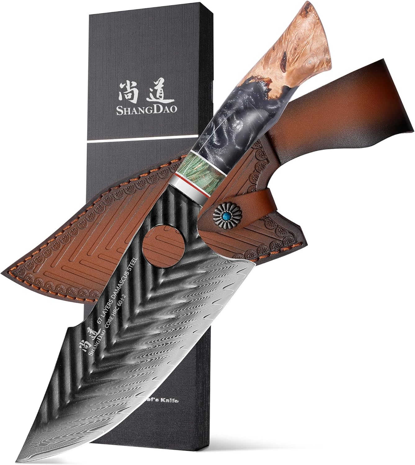 Damascus Chef Knife 8 Inch,67 Layers Alloy Steel Professional Kitchen Knives with Leather Sheath, Hand Forged Resin & Wood Handle QILIN Series