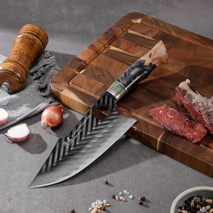 Damascus Chef Knife 8 Inch,67 Layers Alloy Steel Professional Kitchen Knives with Leather Sheath, Hand Forged Resin & Wood Handle QILIN Series