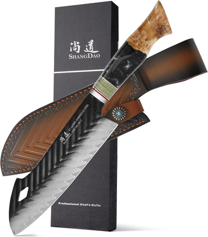Damascus Chef Knife 8 Inch,67 Layers Alloy Steel Professional Kitchen Knives with Leather Sheath, Hand Forged Resin & Wood Handle QILIN Series