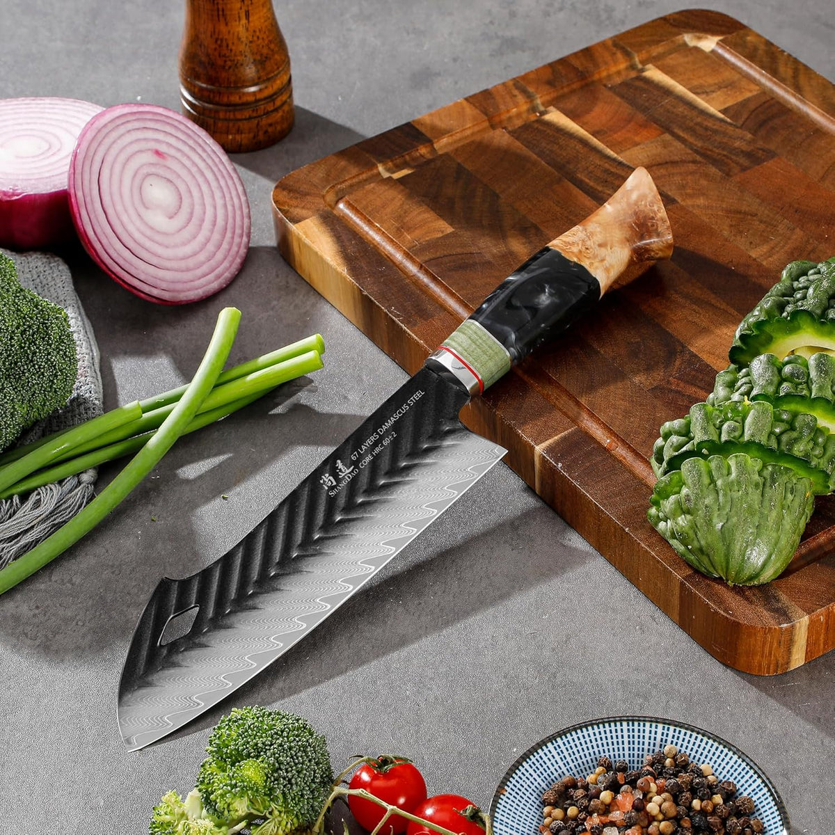 Damascus Chef Knife 8 Inch,67 Layers Alloy Steel Professional Kitchen Knives with Leather Sheath, Hand Forged Resin & Wood Handle QILIN Series