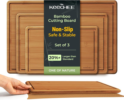 Bamboo Cutting Board with Non-slip Mat, Cutting Boards for Kitchen Meal Prep & Serving - Wood Serving Board Sets with Deep Juice Groove Ideal Kitchen Gifts