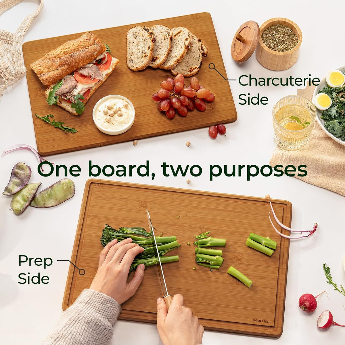 Bamboo Cutting Board with Non-slip Mat, Cutting Boards for Kitchen Meal Prep & Serving - Wood Serving Board Sets with Deep Juice Groove Ideal Kitchen Gifts