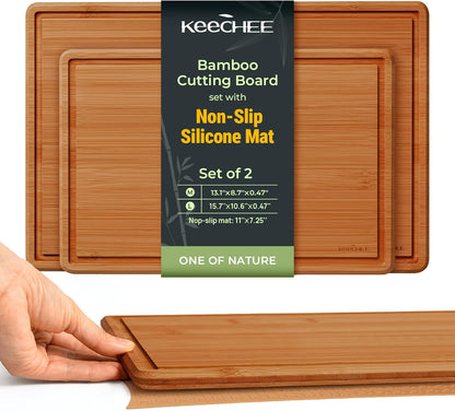 Bamboo Cutting Board with Non-slip Mat, Cutting Boards for Kitchen Meal Prep & Serving - Wood Serving Board Sets with Deep Juice Groove Ideal Kitchen Gifts