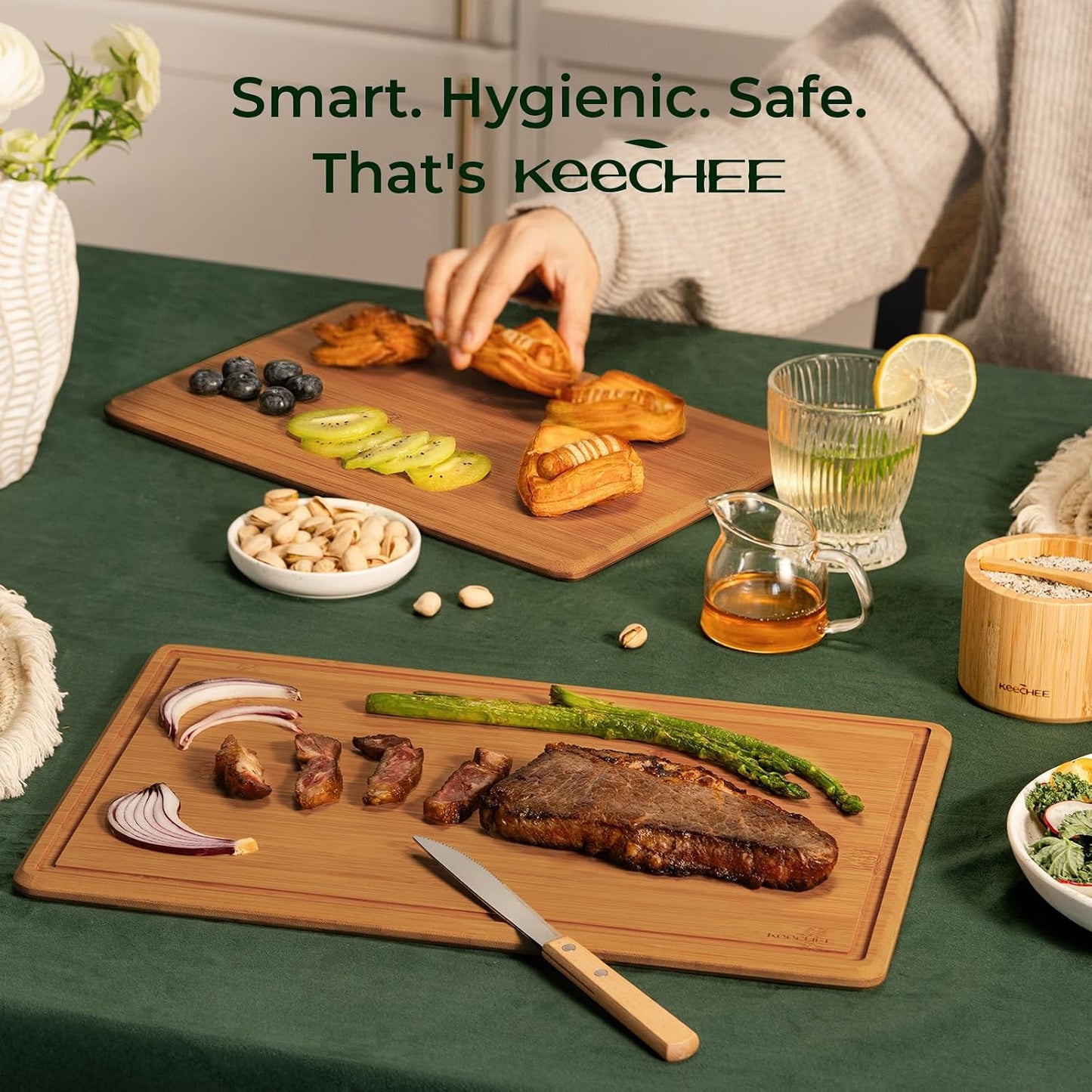 Bamboo Cutting Board with Non-slip Mat, Cutting Boards for Kitchen Meal Prep & Serving - Wood Serving Board Sets with Deep Juice Groove Ideal Kitchen Gifts