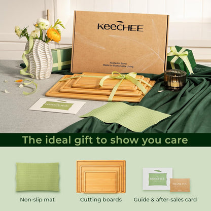 Bamboo Cutting Board with Non-slip Mat, Cutting Boards for Kitchen Meal Prep & Serving - Wood Serving Board Sets with Deep Juice Groove Ideal Kitchen Gifts