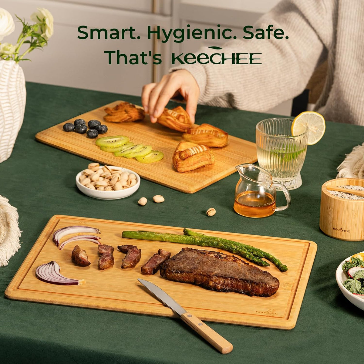 Bamboo Cutting Board with Non-slip Mat, Cutting Boards for Kitchen Meal Prep & Serving - Wood Serving Board Sets with Deep Juice Groove Ideal Kitchen Gifts