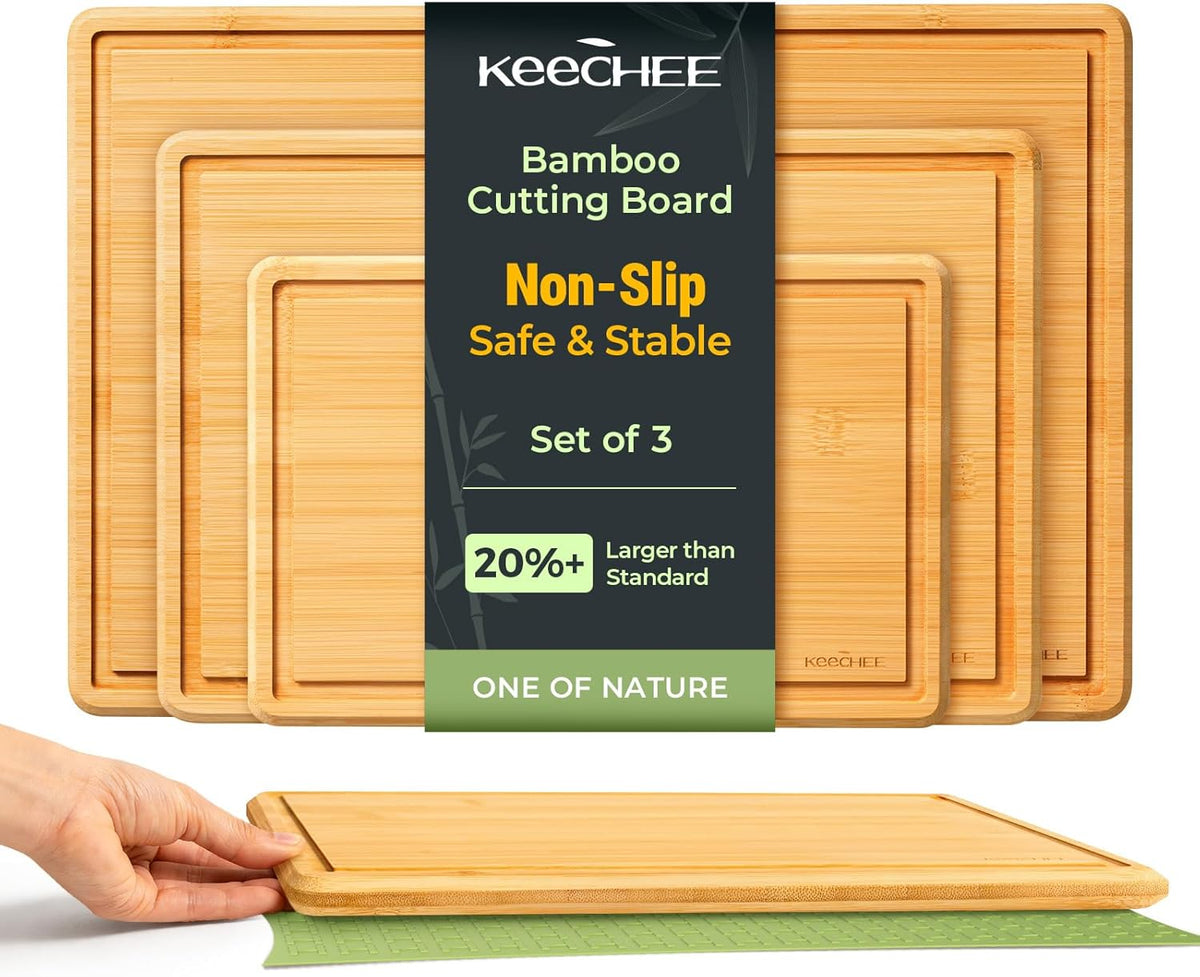 Bamboo Cutting Board with Non-slip Mat, Cutting Boards for Kitchen Meal Prep & Serving - Wood Serving Board Sets with Deep Juice Groove Ideal Kitchen Gifts