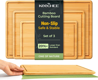 Bamboo Cutting Board with Non-slip Mat, Cutting Boards for Kitchen Meal Prep & Serving - Wood Serving Board Sets with Deep Juice Groove Ideal Kitchen Gifts