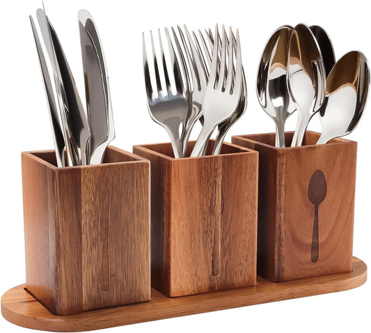 Acacia Wood Utensil Holder, Wooden Silverware Holder Countertop Utensil Organizer Silverware Organizer with Tray, Kitchen Utensil Organizers for Forks, Spoons, Knives (Acacia)