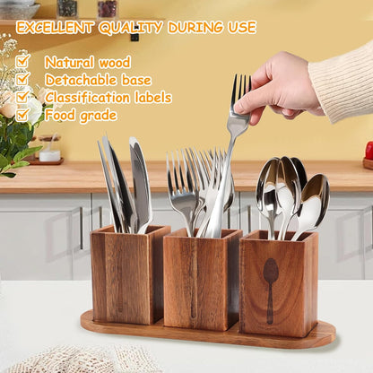 Acacia Wood Utensil Holder, Wooden Silverware Holder Countertop Utensil Organizer Silverware Organizer with Tray, Kitchen Utensil Organizers for Forks, Spoons, Knives (Acacia)