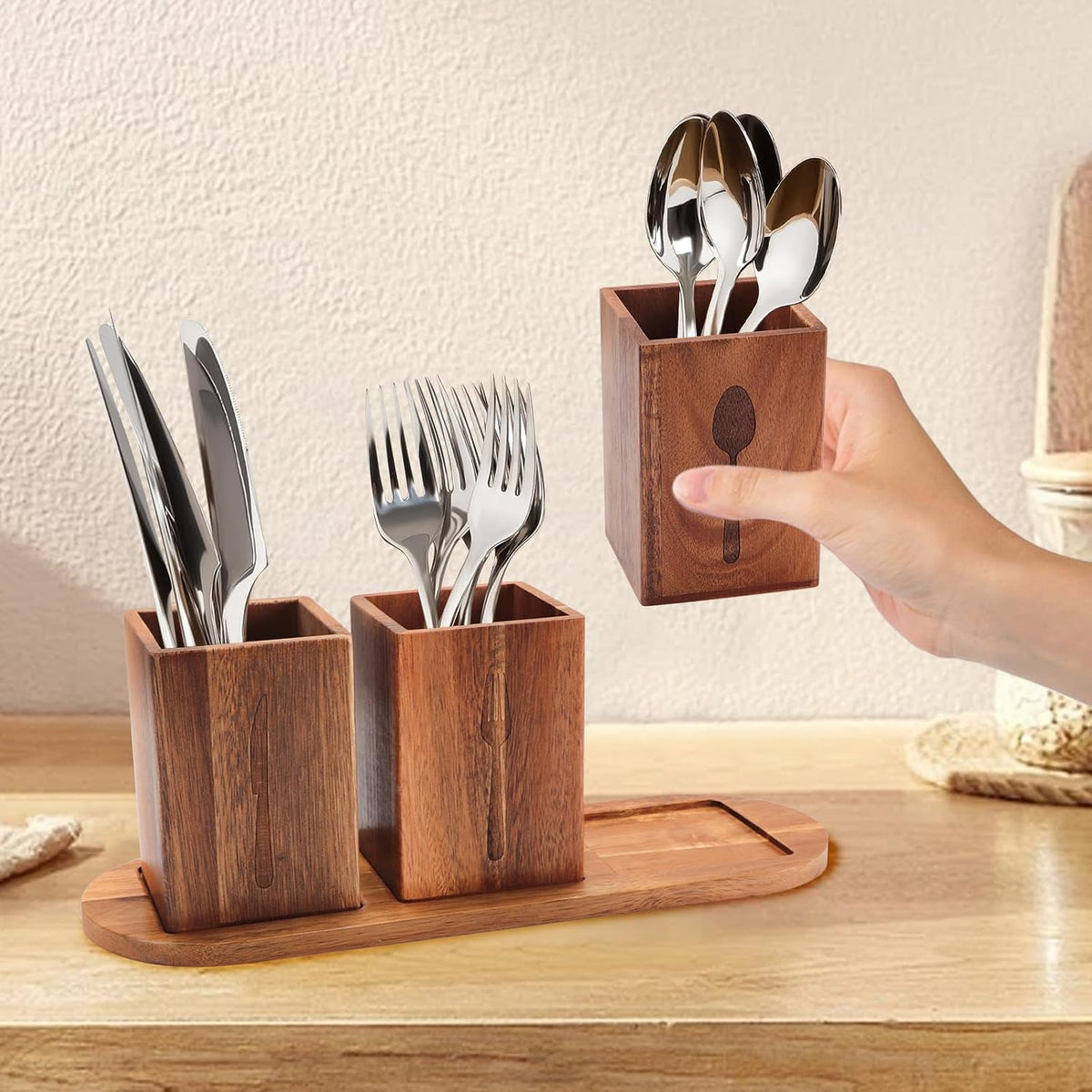 Acacia Wood Utensil Holder, Wooden Silverware Holder Countertop Utensil Organizer Silverware Organizer with Tray, Kitchen Utensil Organizers for Forks, Spoons, Knives (Acacia)