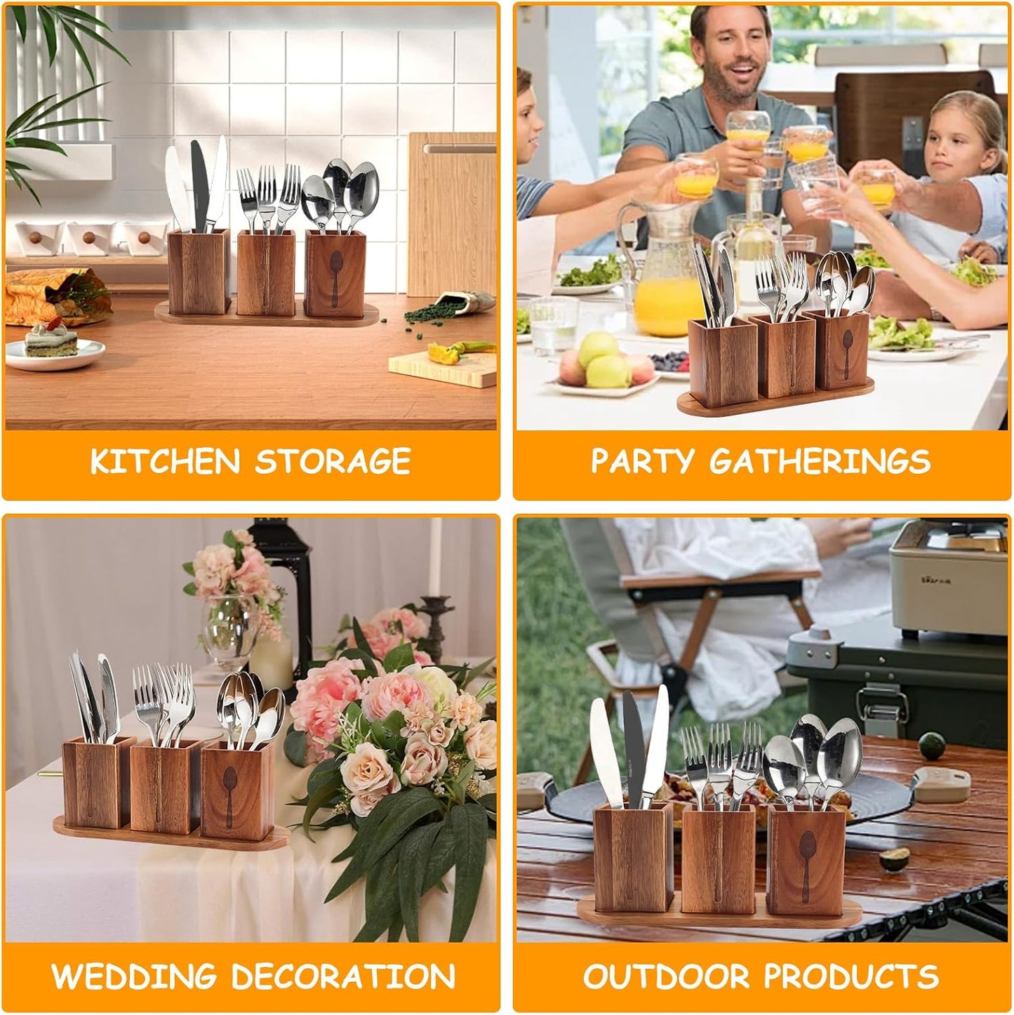 Acacia Wood Utensil Holder, Wooden Silverware Holder Countertop Utensil Organizer Silverware Organizer with Tray, Kitchen Utensil Organizers for Forks, Spoons, Knives (Acacia)
