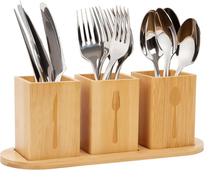 Acacia Wood Utensil Holder, Wooden Silverware Holder Countertop Utensil Organizer Silverware Organizer with Tray, Kitchen Utensil Organizers for Forks, Spoons, Knives (Acacia)