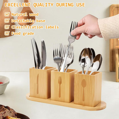 Acacia Wood Utensil Holder, Wooden Silverware Holder Countertop Utensil Organizer Silverware Organizer with Tray, Kitchen Utensil Organizers for Forks, Spoons, Knives (Acacia)