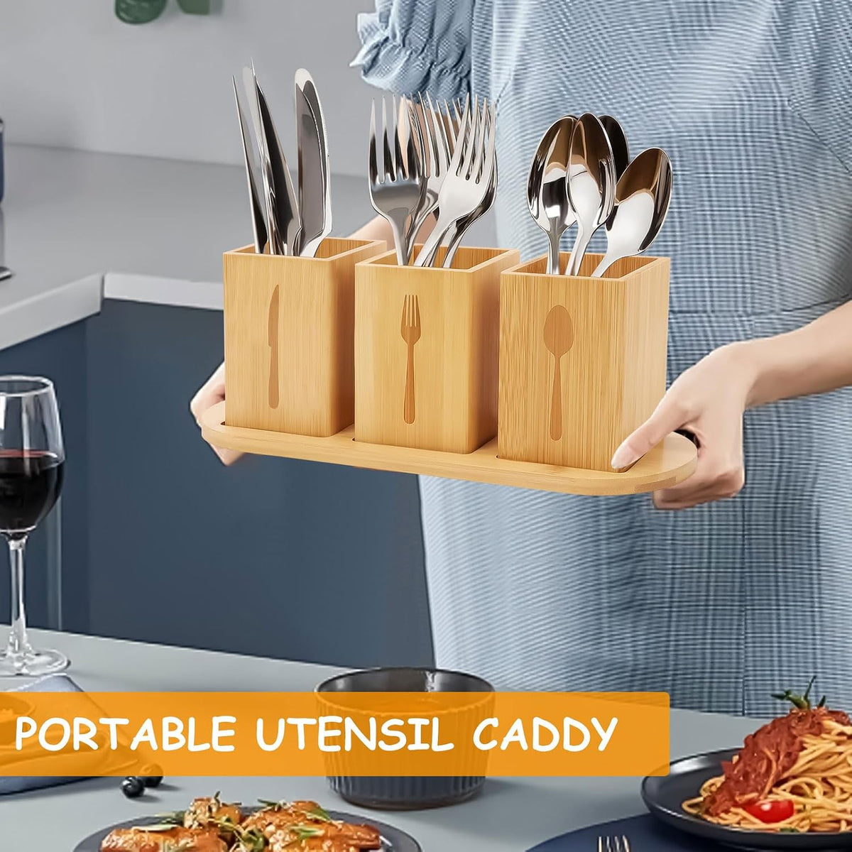 Acacia Wood Utensil Holder, Wooden Silverware Holder Countertop Utensil Organizer Silverware Organizer with Tray, Kitchen Utensil Organizers for Forks, Spoons, Knives (Acacia)