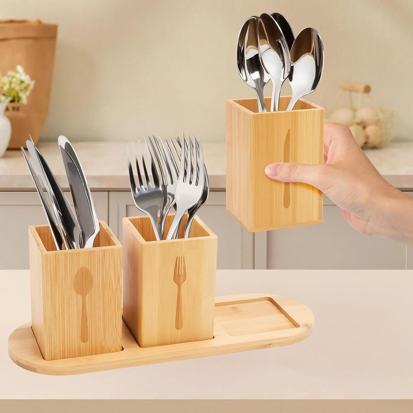 Acacia Wood Utensil Holder, Wooden Silverware Holder Countertop Utensil Organizer Silverware Organizer with Tray, Kitchen Utensil Organizers for Forks, Spoons, Knives (Acacia)