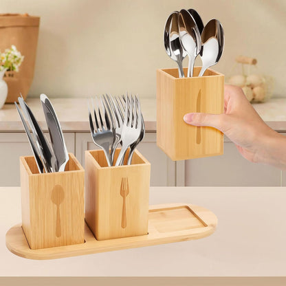 Acacia Wood Utensil Holder, Wooden Silverware Holder Countertop Utensil Organizer Silverware Organizer with Tray, Kitchen Utensil Organizers for Forks, Spoons, Knives (Acacia)