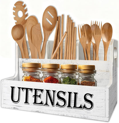Acacia Wood Utensil Holder, Wooden Silverware Holder Countertop Utensil Organizer Silverware Organizer with Tray, Kitchen Utensil Organizers for Forks, Spoons, Knives (Acacia)
