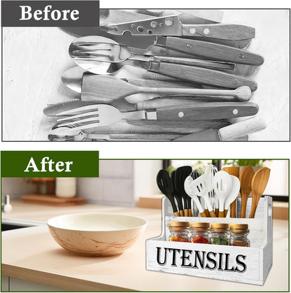 Acacia Wood Utensil Holder, Wooden Silverware Holder Countertop Utensil Organizer Silverware Organizer with Tray, Kitchen Utensil Organizers for Forks, Spoons, Knives (Acacia)