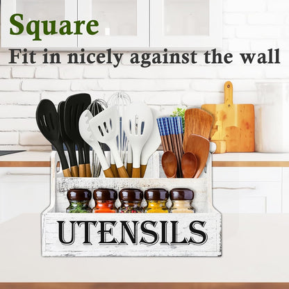 Acacia Wood Utensil Holder, Wooden Silverware Holder Countertop Utensil Organizer Silverware Organizer with Tray, Kitchen Utensil Organizers for Forks, Spoons, Knives (Acacia)