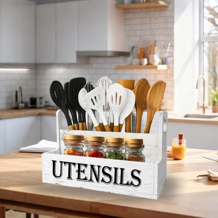 Acacia Wood Utensil Holder, Wooden Silverware Holder Countertop Utensil Organizer Silverware Organizer with Tray, Kitchen Utensil Organizers for Forks, Spoons, Knives (Acacia)