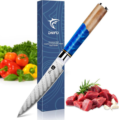 Kitchen Utility Knife 5 Inch, Japanese VG10 Steel Damascus Chef Knife | Sharp Paring Knife with Resin & Birch Wood Handle, Suitable for Meat, Vegetables, Fruit & Daily Prep, Ideal for Gifting