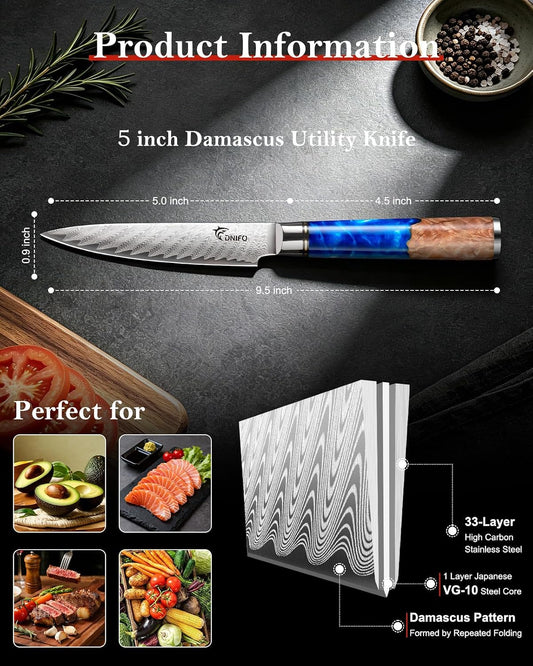 Kitchen Utility Knife 5 Inch, Japanese VG10 Steel Damascus Chef Knife | Sharp Paring Knife with Resin & Birch Wood Handle, Suitable for Meat, Vegetables, Fruit & Daily Prep, Ideal for Gifting