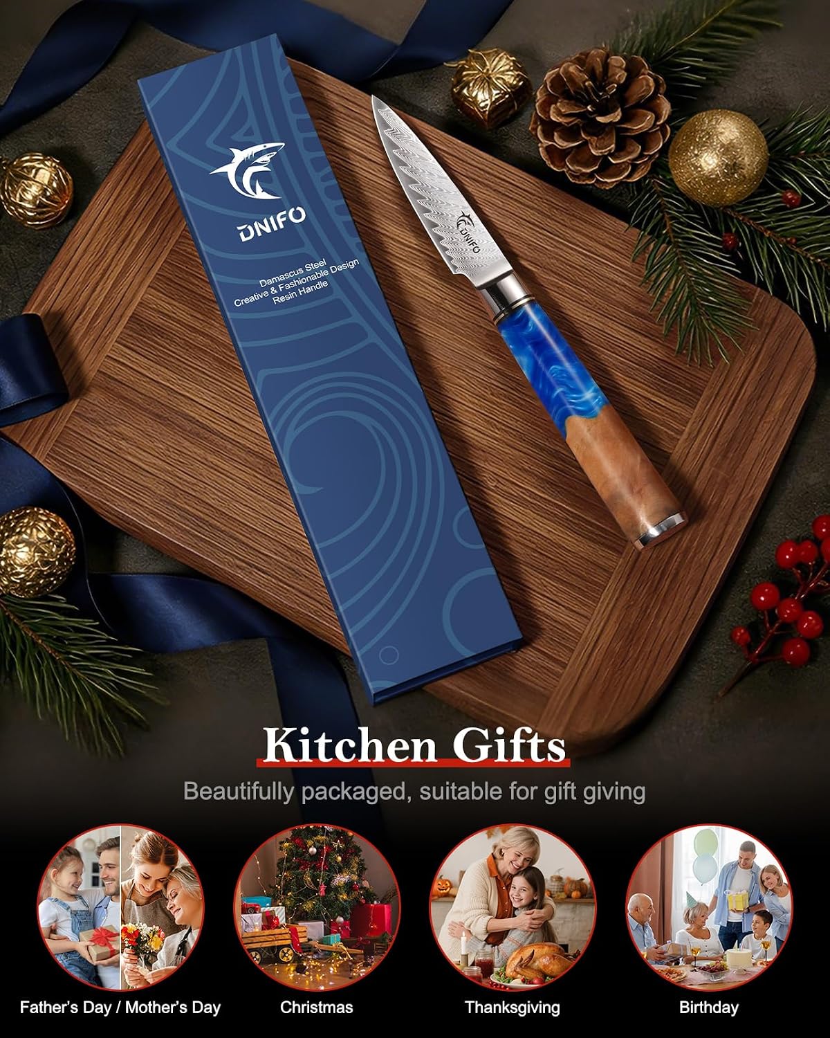 Kitchen Utility Knife 5 Inch, Japanese VG10 Steel Damascus Chef Knife | Sharp Paring Knife with Resin & Birch Wood Handle, Suitable for Meat, Vegetables, Fruit & Daily Prep, Ideal for Gifting