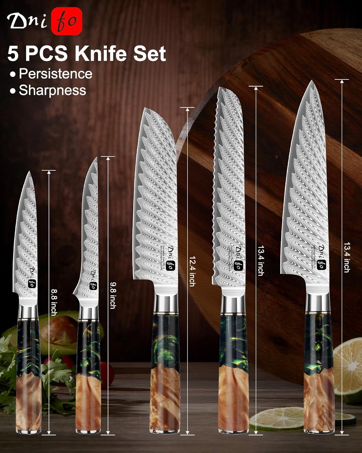 Kitchen Utility Knife 5 Inch, Japanese VG10 Steel Damascus Chef Knife | Sharp Paring Knife with Resin & Birch Wood Handle, Suitable for Meat, Vegetables, Fruit & Daily Prep, Ideal for Gifting
