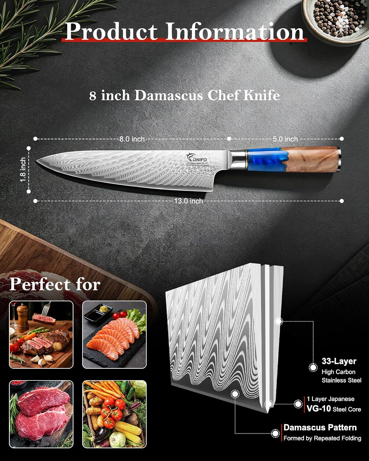 Kitchen Utility Knife 5 Inch, Japanese VG10 Steel Damascus Chef Knife | Sharp Paring Knife with Resin & Birch Wood Handle, Suitable for Meat, Vegetables, Fruit & Daily Prep, Ideal for Gifting