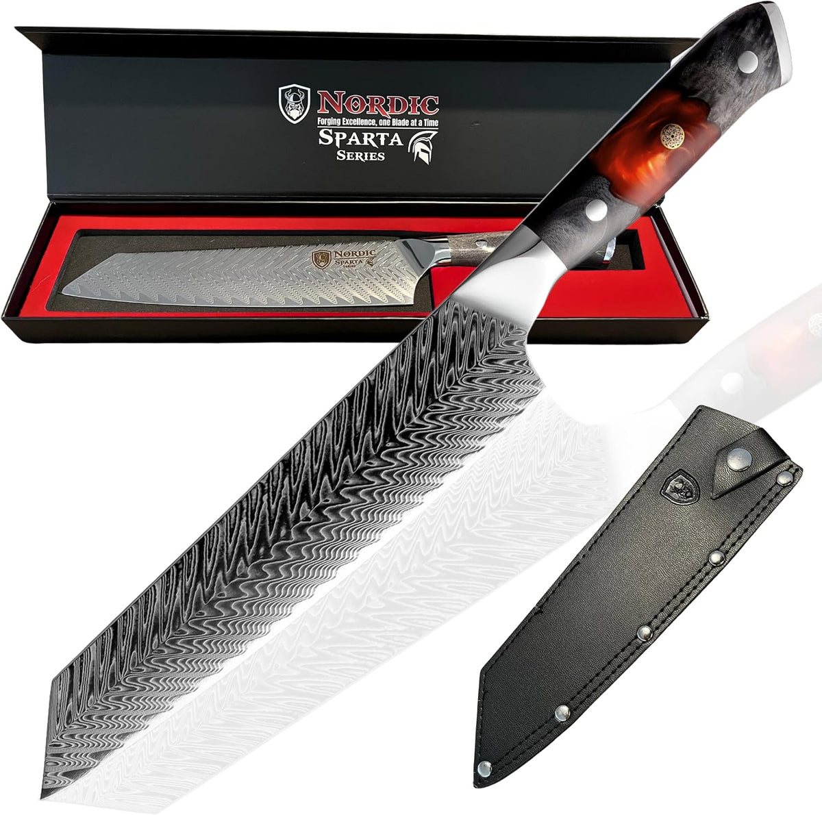 New Sparta Series Pro Kiritsuke Damascus Chef Knife, Japanese VG10 Super Steel, 67 Layers Damascus Steel, Resin and Maple Wood Handle and Leather Sheath (Kiritsuke Knife)