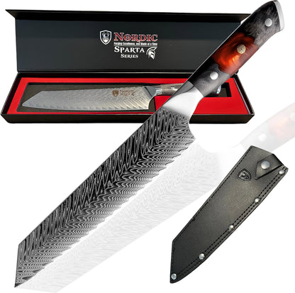 New Sparta Series Pro Kiritsuke Damascus Chef Knife, Japanese VG10 Super Steel, 67 Layers Damascus Steel, Resin and Maple Wood Handle and Leather Sheath (Kiritsuke Knife)