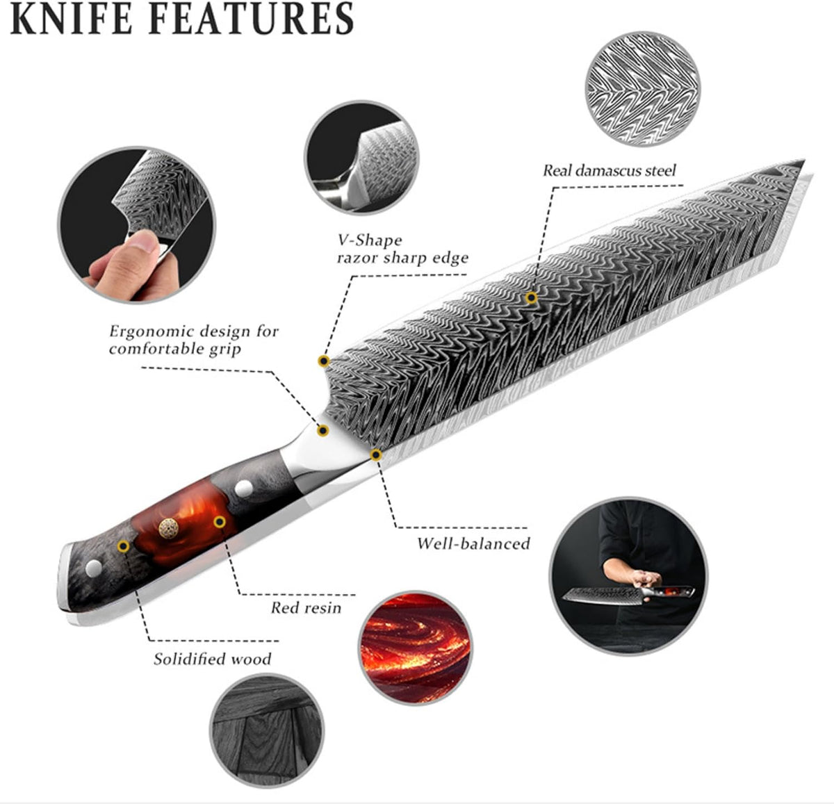 New Sparta Series Pro Kiritsuke Damascus Chef Knife, Japanese VG10 Super Steel, 67 Layers Damascus Steel, Resin and Maple Wood Handle and Leather Sheath (Kiritsuke Knife)