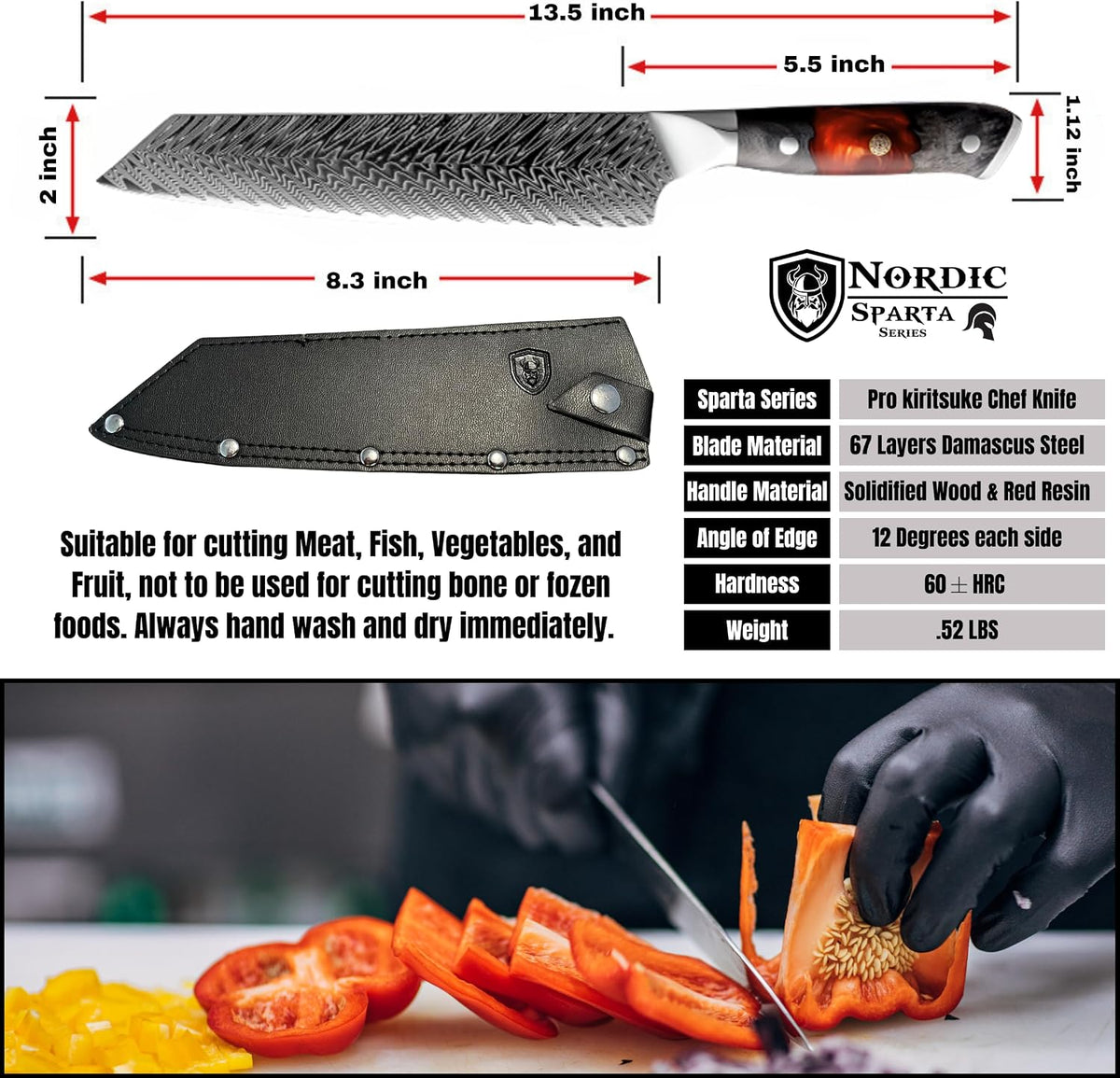 New Sparta Series Pro Kiritsuke Damascus Chef Knife, Japanese VG10 Super Steel, 67 Layers Damascus Steel, Resin and Maple Wood Handle and Leather Sheath (Kiritsuke Knife)