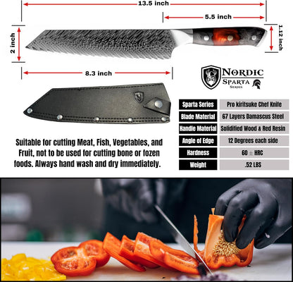 New Sparta Series Pro Kiritsuke Damascus Chef Knife, Japanese VG10 Super Steel, 67 Layers Damascus Steel, Resin and Maple Wood Handle and Leather Sheath (Kiritsuke Knife)