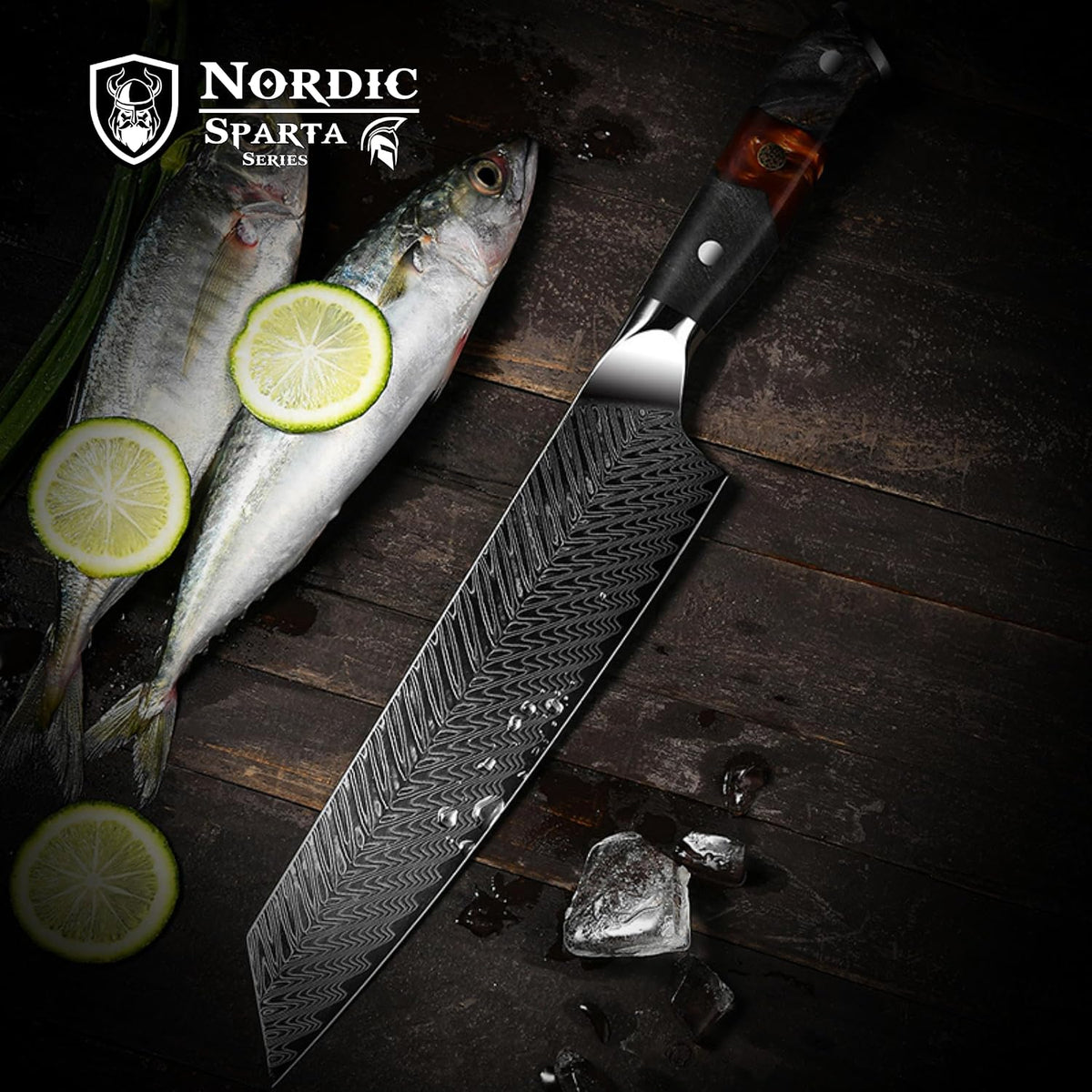 New Sparta Series Pro Kiritsuke Damascus Chef Knife, Japanese VG10 Super Steel, 67 Layers Damascus Steel, Resin and Maple Wood Handle and Leather Sheath (Kiritsuke Knife)